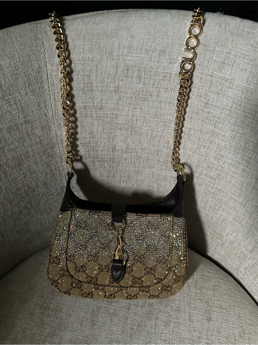 Brown GG Canvas Crystal-Embellished bling Shoulder Bag - Picture 2 of 11